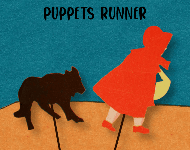 Puppets Runner cover art — a paper-cut wolf chasing Little Red Riding Hood